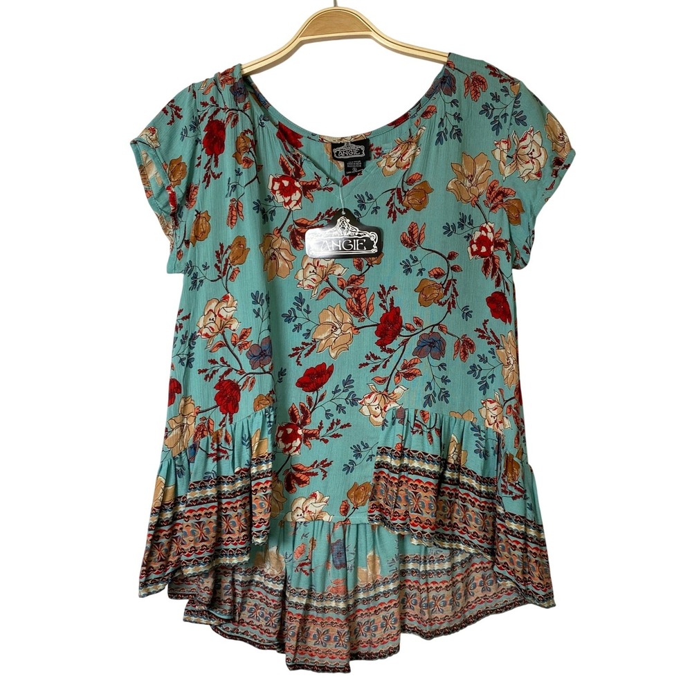 Angie Boho Floral Ruffle Hem Top Women Small Teal Blue V-Neck Cottagecore NWT